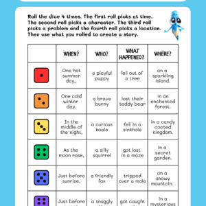 roll a story writing worksheet fo rkids