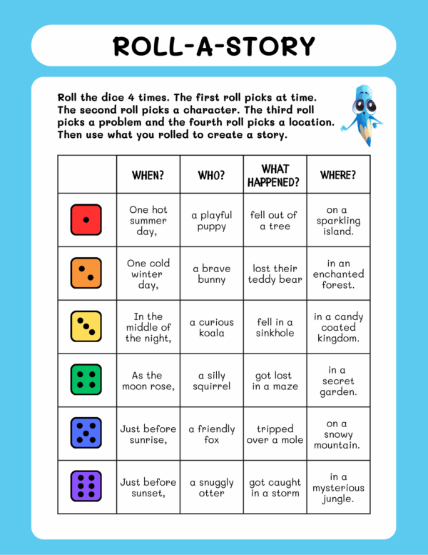 roll a story writing worksheet fo rkids