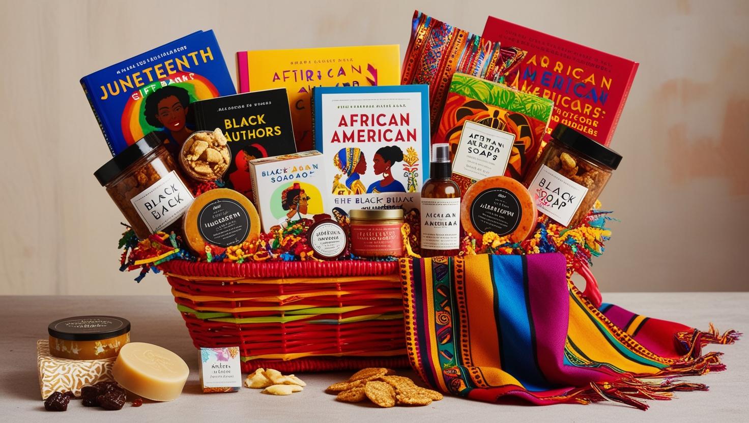 A vibrant Juneteenth gift basket and college care package overflowing with items celebrating African American culture. Include books by Black authors, artisanal soaps, gourmet snacks, and vibrant, colorful textiles. The basket should be presented in a warm, inviting style, suggesting comfort and celebration. The overall aesthetic should be joyful and celebratory, emphasizing cultural pride and achievement.