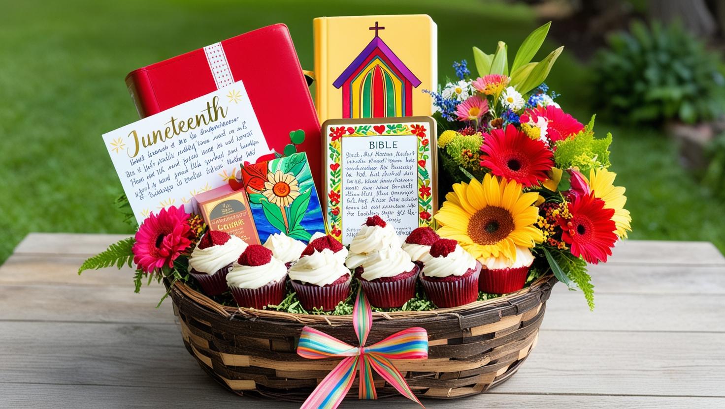 A vibrant Juneteenth gift basket overflowing with cheerful, church-related items, such as red velvet cupcakes, a beautifully decorated Bible, a handwritten card with inspirational quotes, and a bouquet of summer flowers, presented in a rustic woven basket with a celebratory ribbon.
