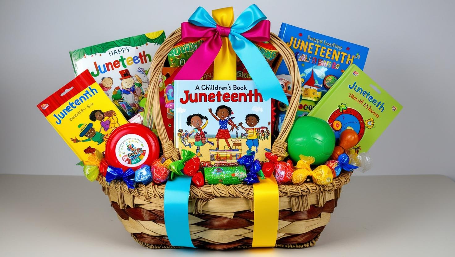 A vibrantly colored Juneteenth gift basket overflowing with age-appropriate toys, treats, and books for children. The basket is woven from natural materials and adorned with colorful ribbons. The items inside include brightly wrapped candies, a children's book celebrating Juneteenth, and a selection of fun, educational toys. The overall style is cheerful and festive, suitable for a children's celebration.