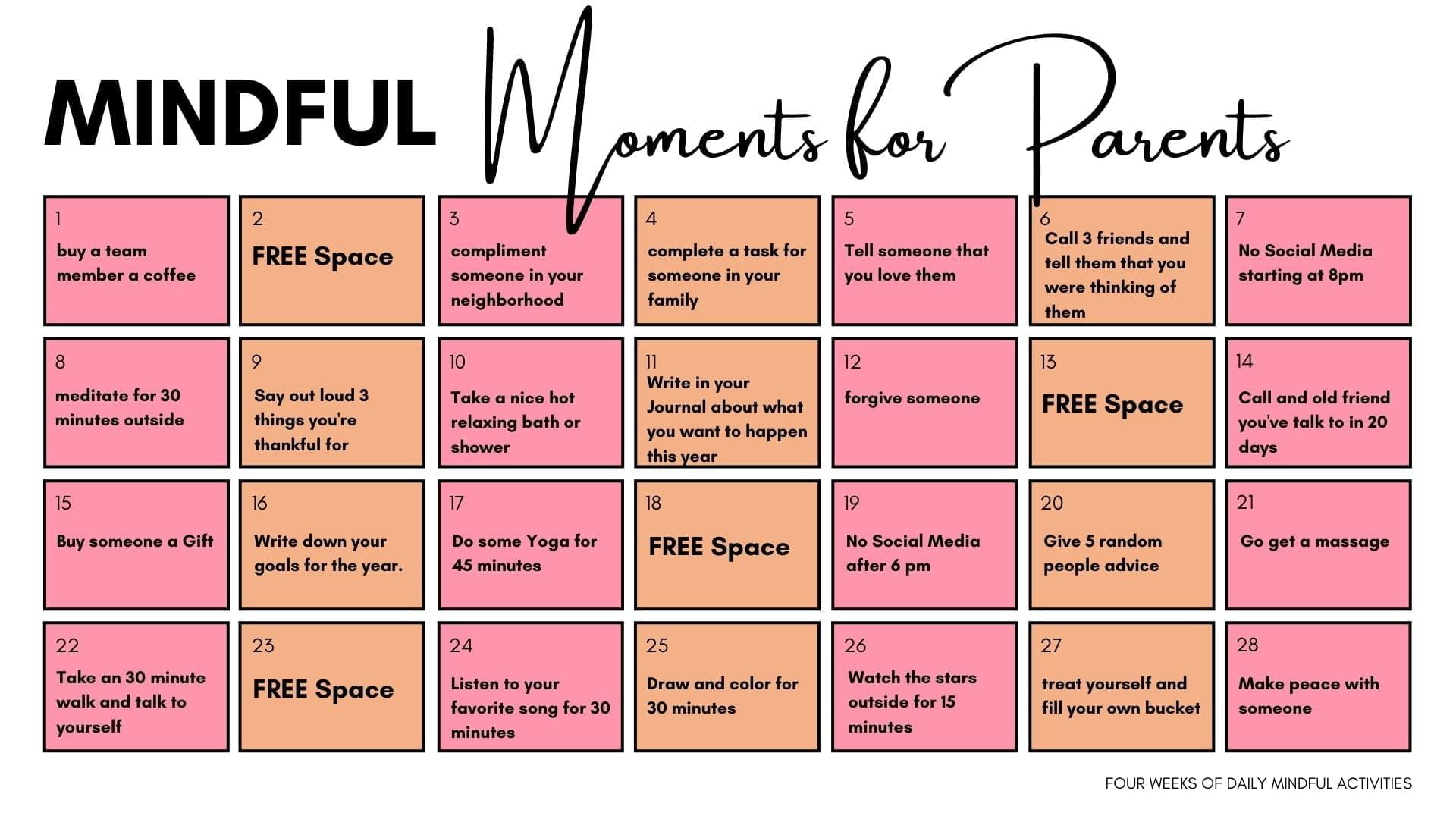 mindfulness calendar for parents
